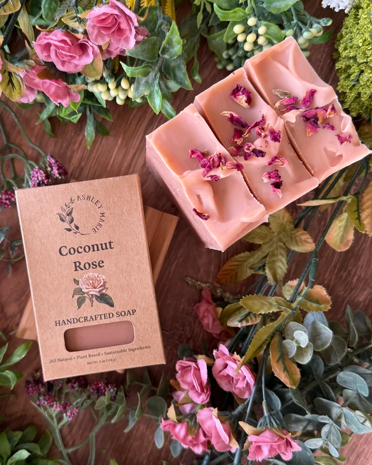 Coconut Rose — Boxed Soap, close detail of the label and bar edge