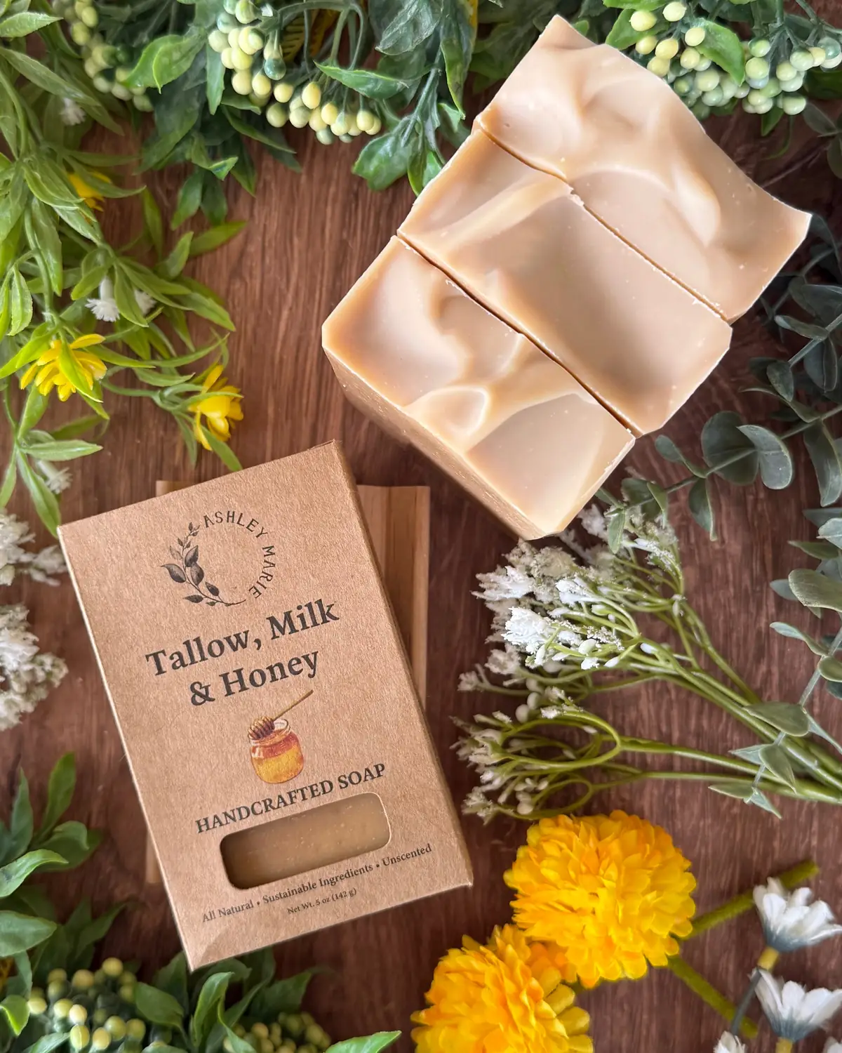 Tallow, Milk + Honey — Boxed Soap photographed on wood with dried flowers