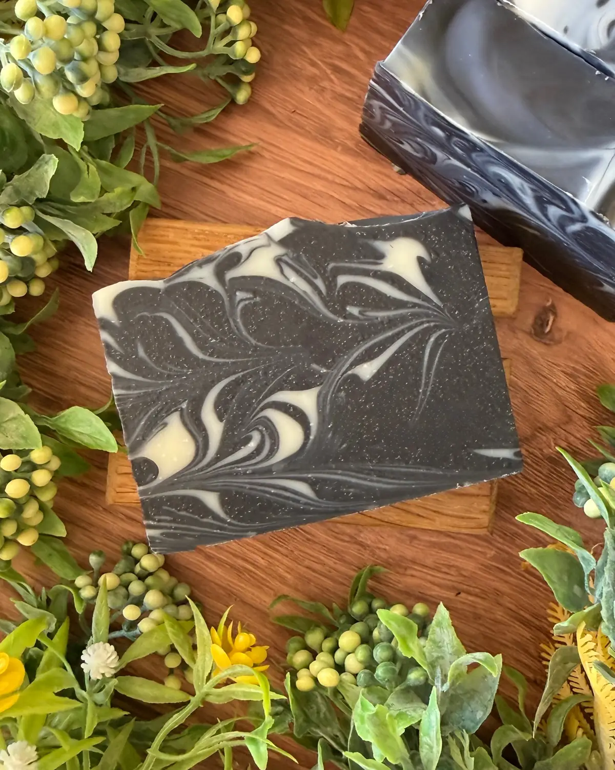 Activated Charcoal & Tea Tree Soap, cut bar showing the colour and swirl