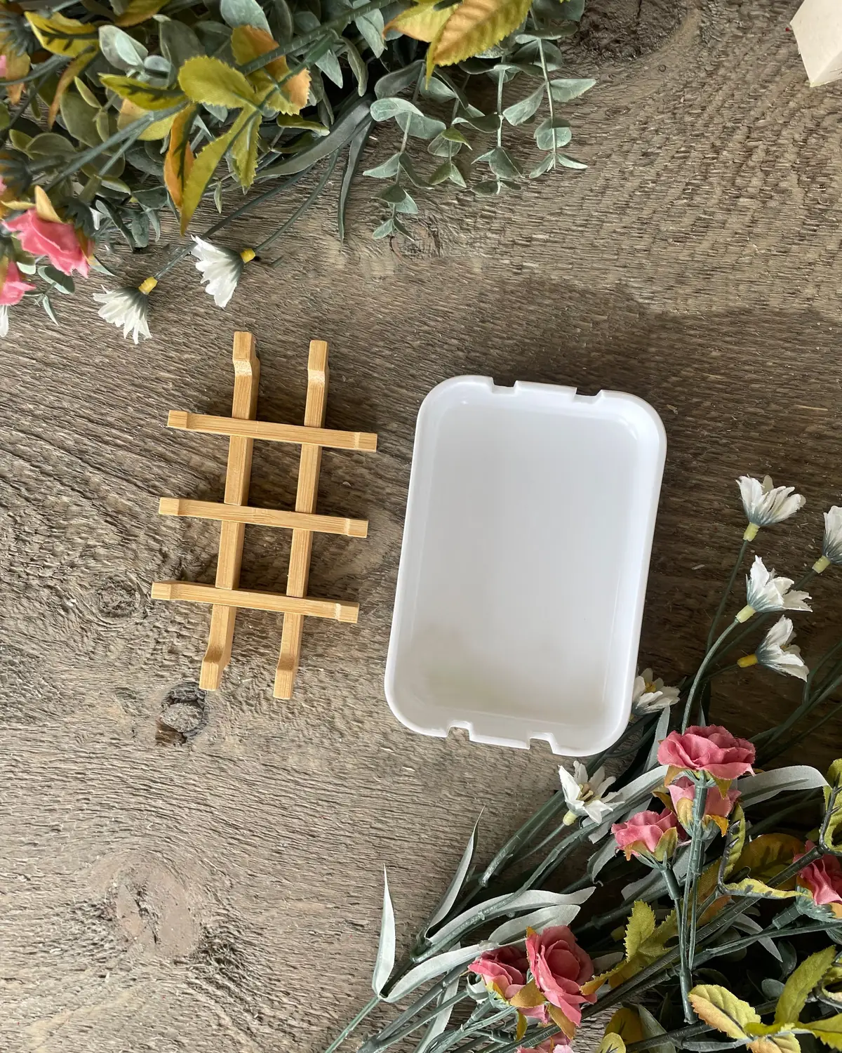Eco Soap Dish photographed on wood with dried flowers