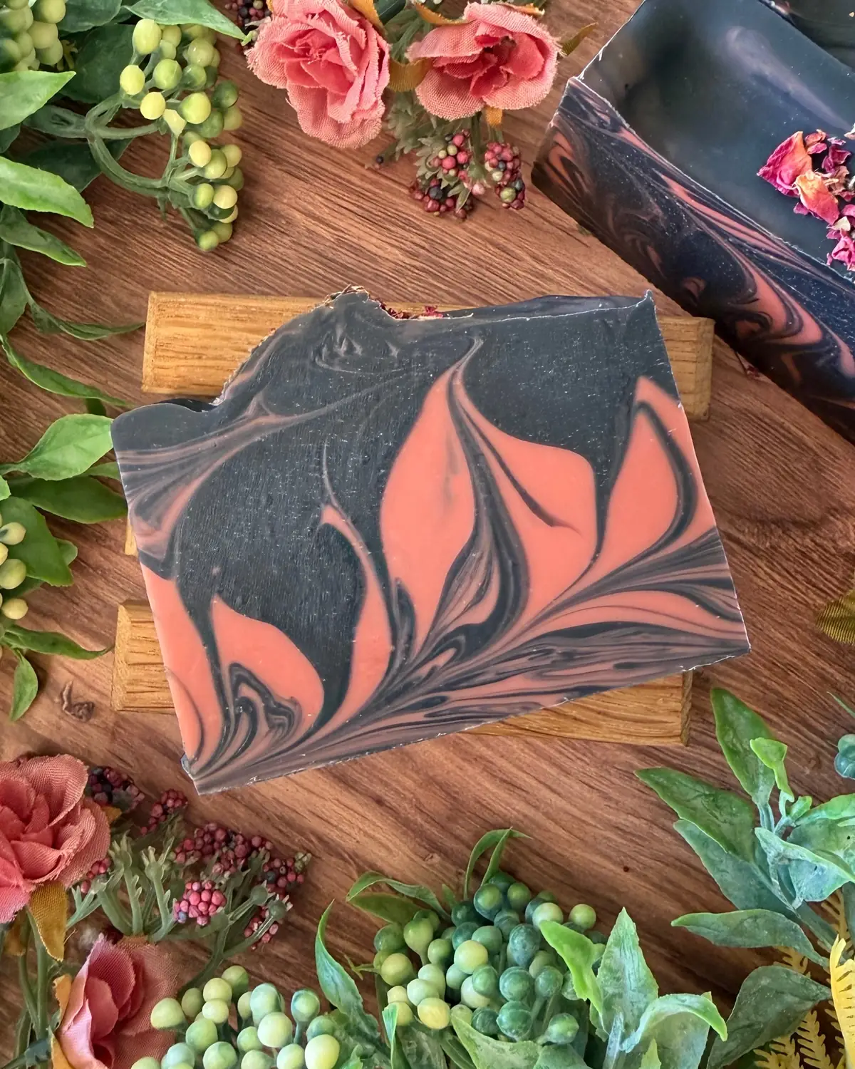 Black Rose Soap, cut bar showing the colour and swirl