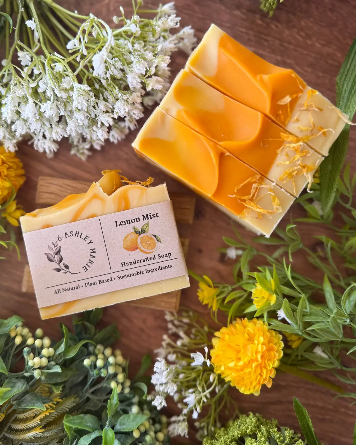 Lemon Mist Soap photographed on wood with dried flowers