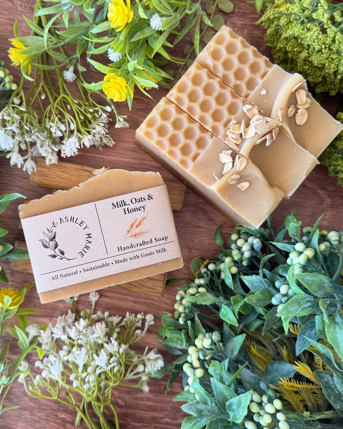 Milk, Oats & Honey Soap photographed on wood with dried flowers