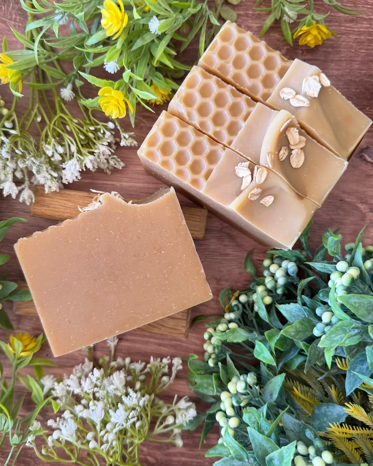 Milk, Oats & Honey Soap, close detail of the label and bar edge