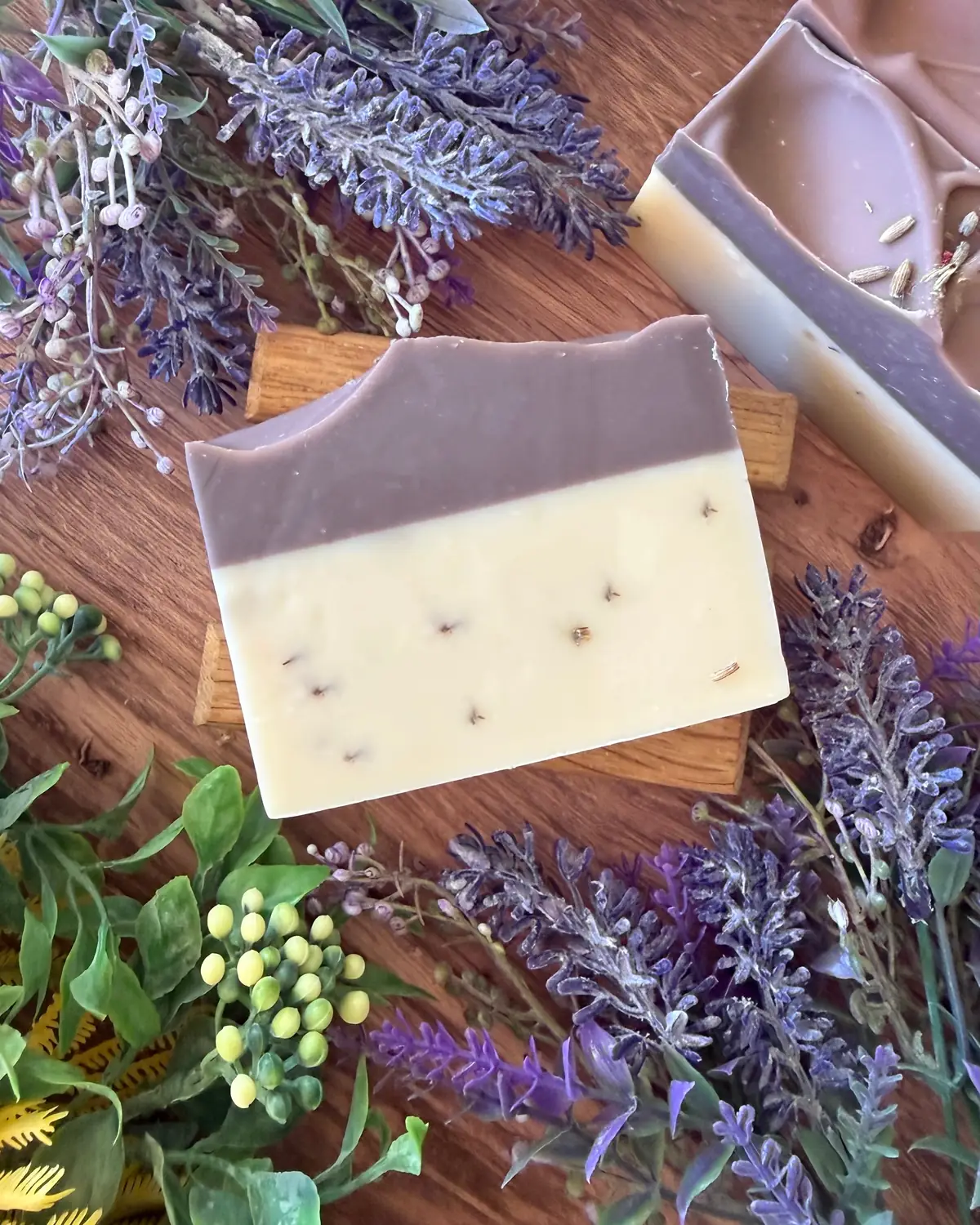 Lavender Soap, cut bar showing the colour and swirl