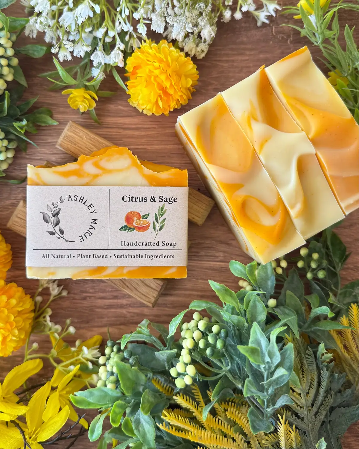 Citrus & Sage Soap photographed on wood with dried flowers