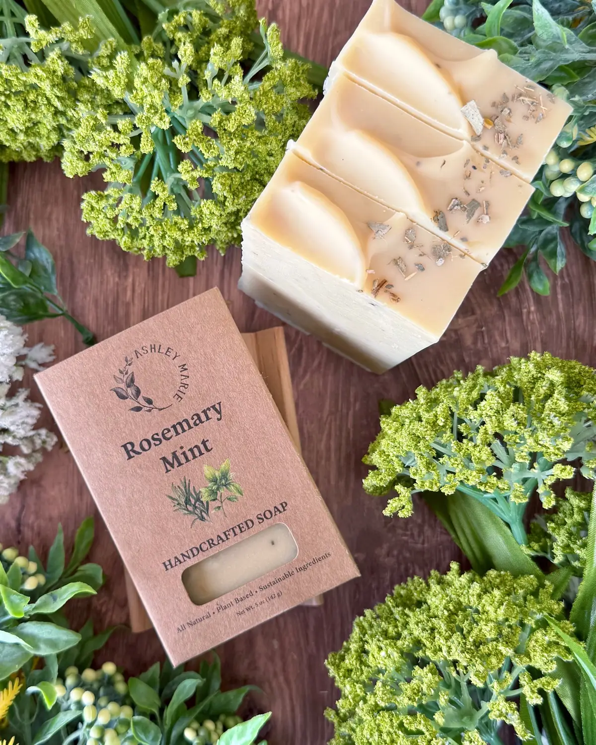 Rosemary Mint — Boxed Soap, close detail of the label and bar edge