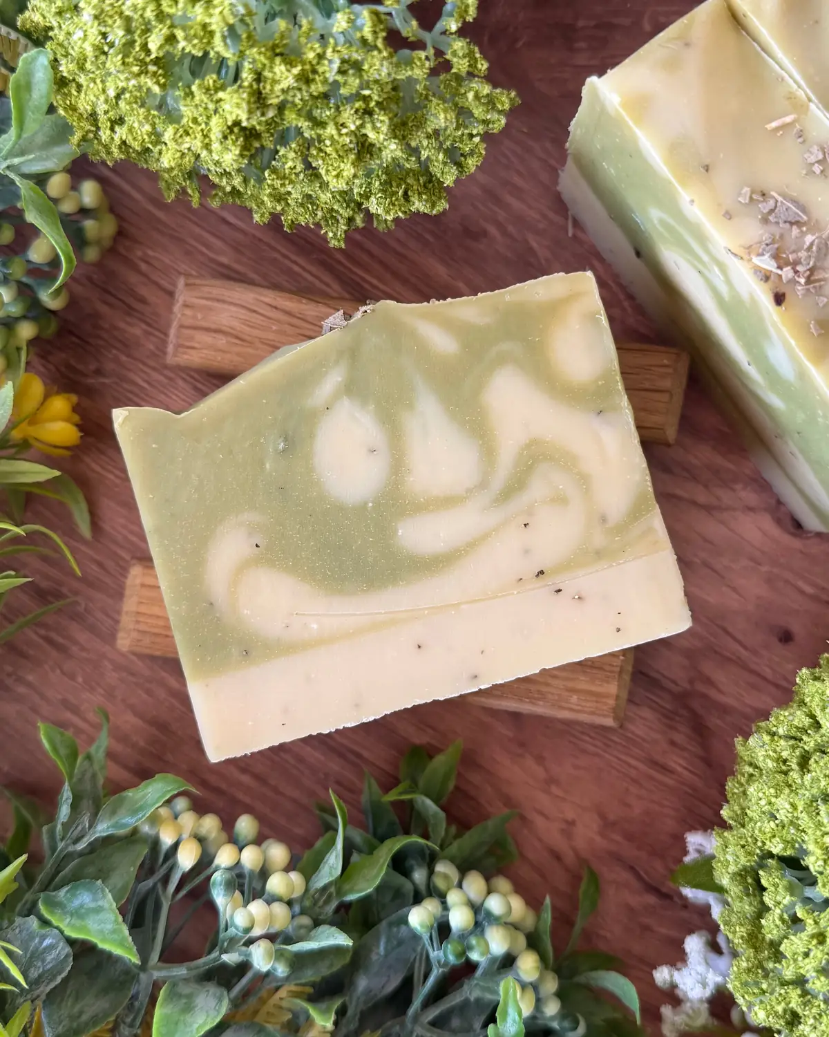 Garden Mint + Cucumber Soap, cut bar showing the colour and swirl