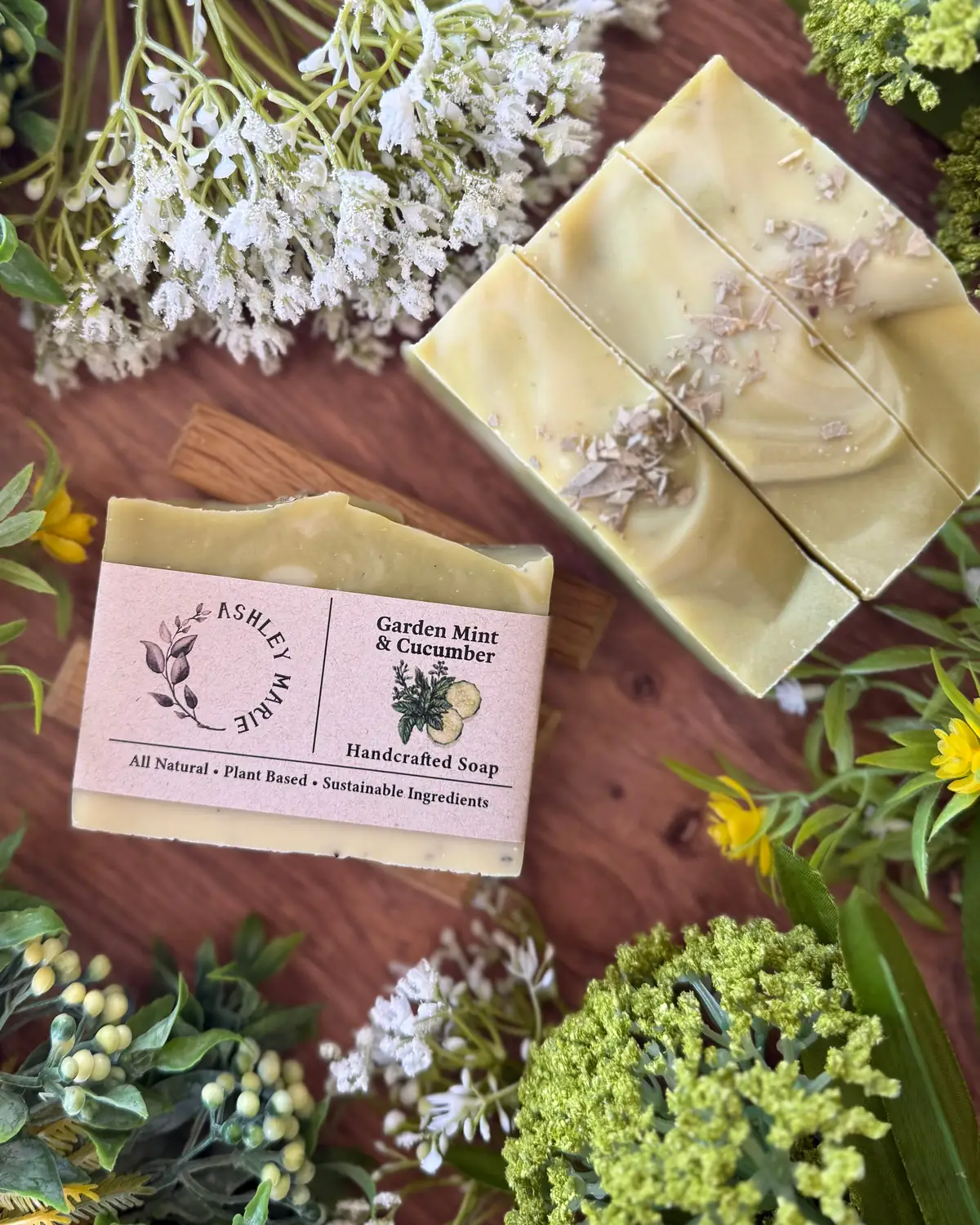 Garden Mint + Cucumber Soap photographed on wood with dried flowers