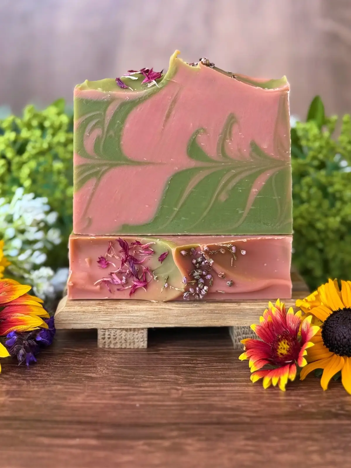 Grapefruit & Basil Soap, cut bar showing the colour and swirl