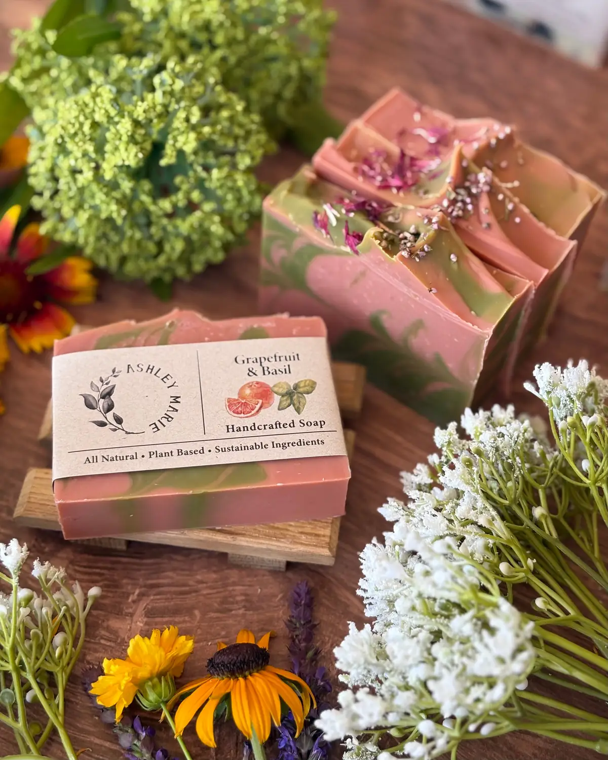 Grapefruit & Basil Soap, close detail of the label and bar edge