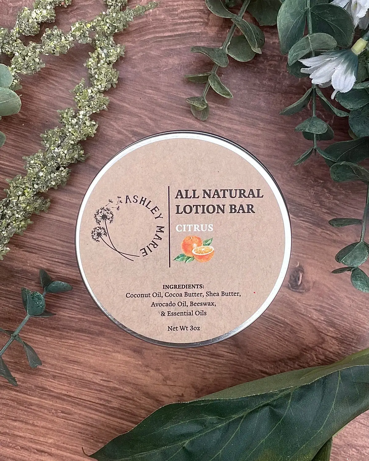 Lotion Bar photographed on wood with dried flowers