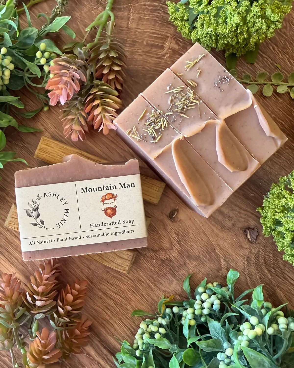 Mountain Man Soap photographed on wood with dried flowers