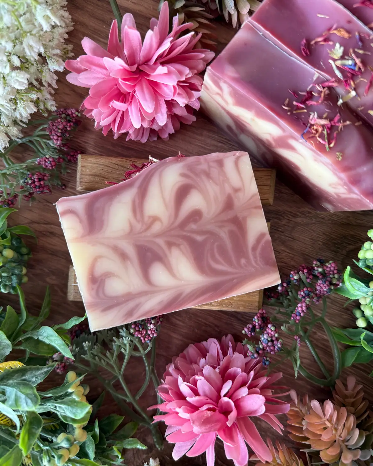Grapefruit & Geranium Soap, cut bar showing the colour and swirl