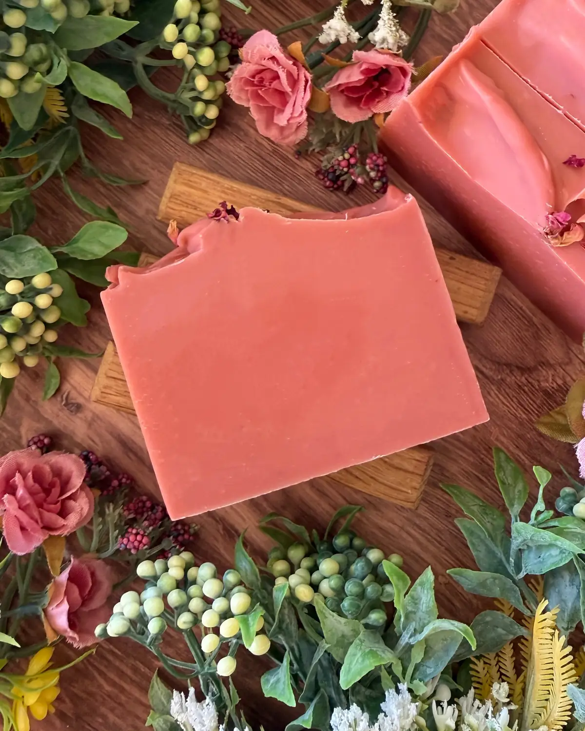 Rose Petal Soap, cut bar showing the colour and swirl