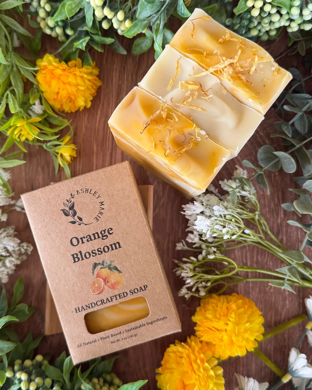Orange Blossom — Boxed Soap photographed on wood with dried flowers