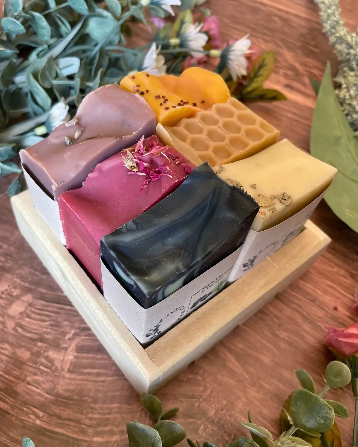 Soap Sample Box photographed on wood with dried flowers