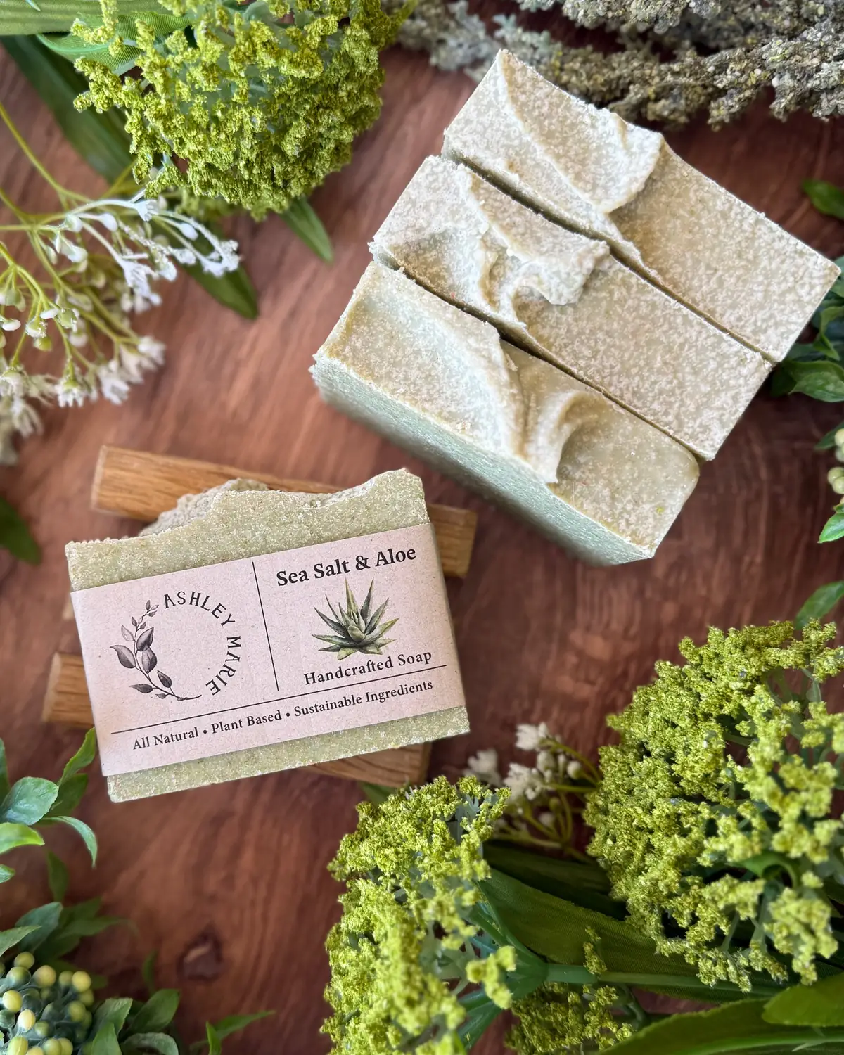 Sea Salt & Aloe photographed on wood with dried flowers