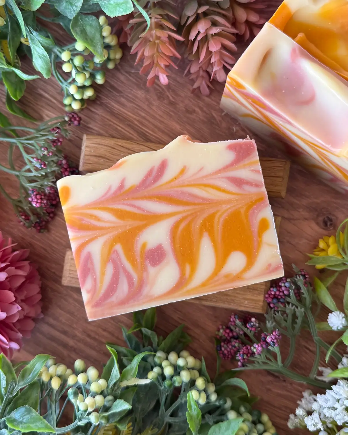 Wildflower Bloom Soap, cut bar showing the colour and swirl
