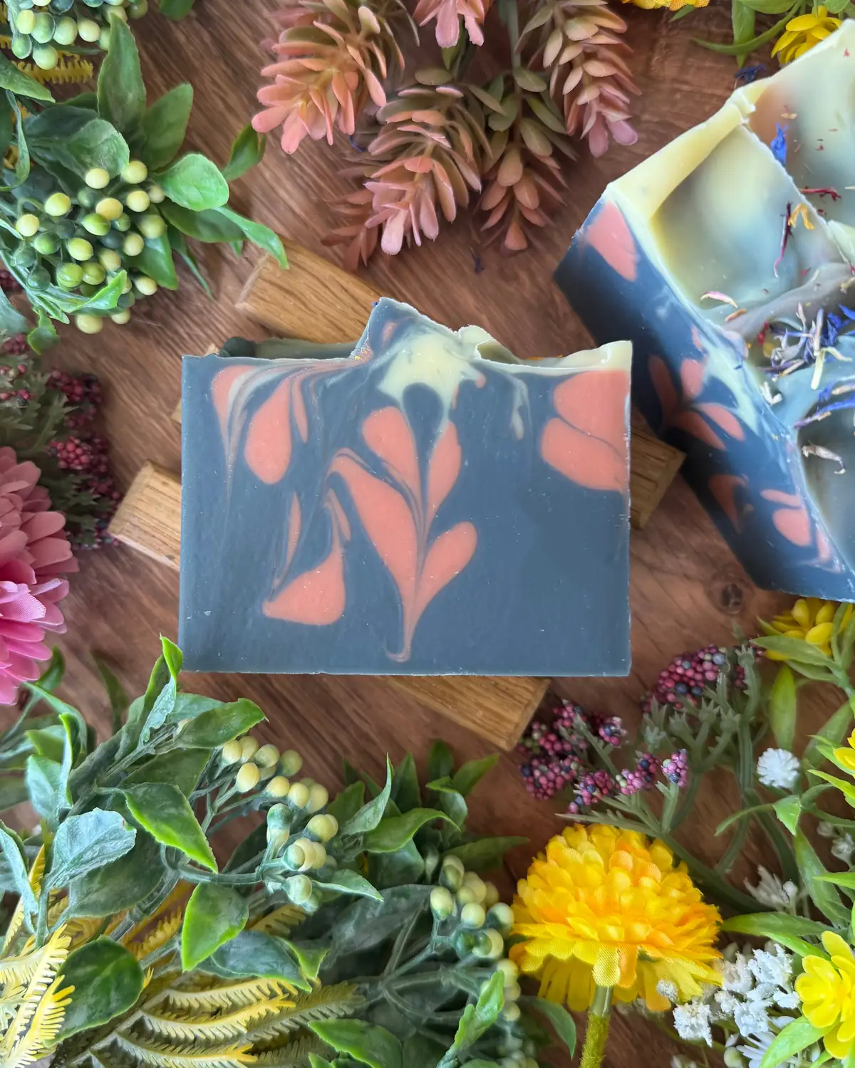 Bluebird Soap, cut bar showing the colour and swirl