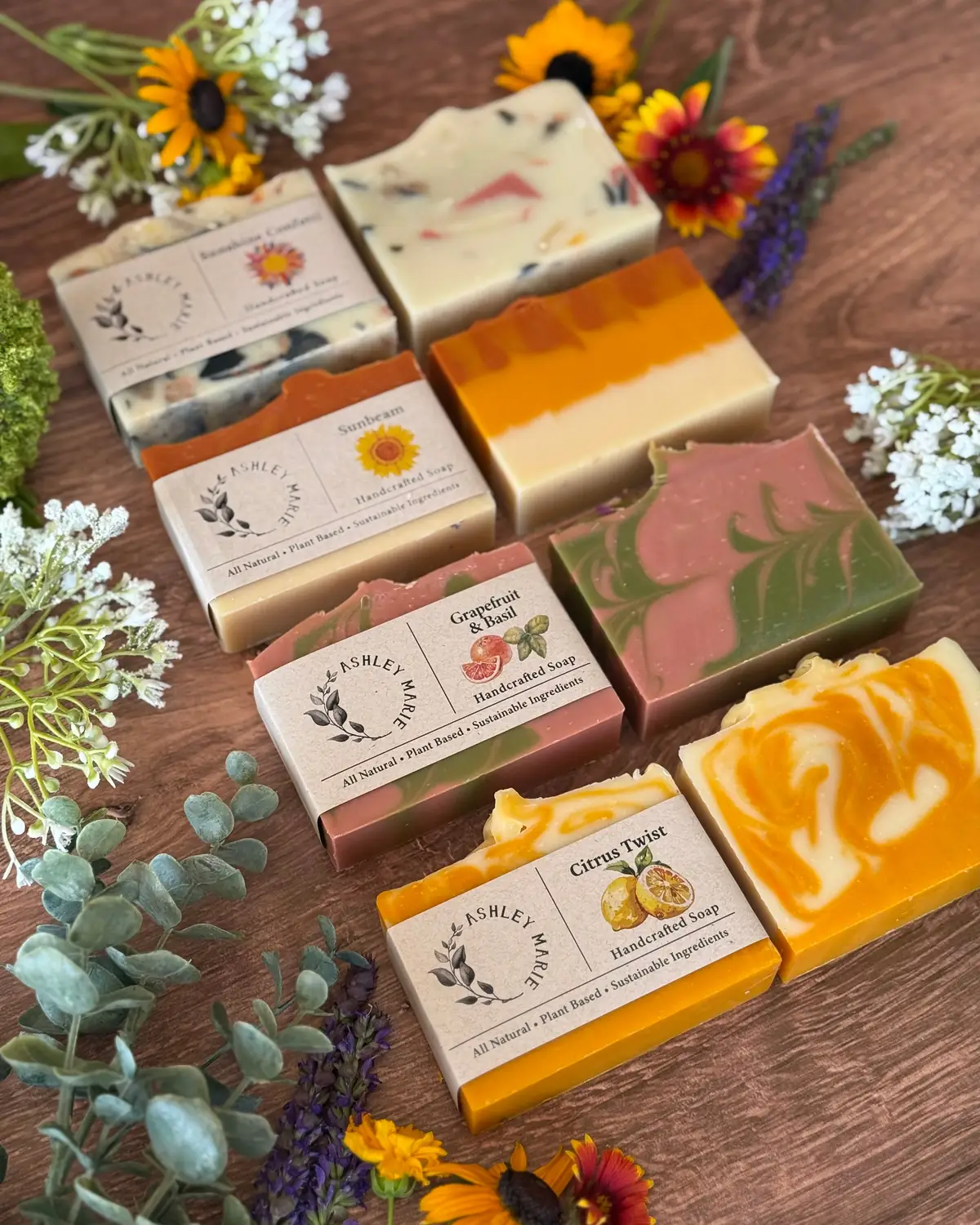 Full Summer Collection photographed on wood with dried flowers