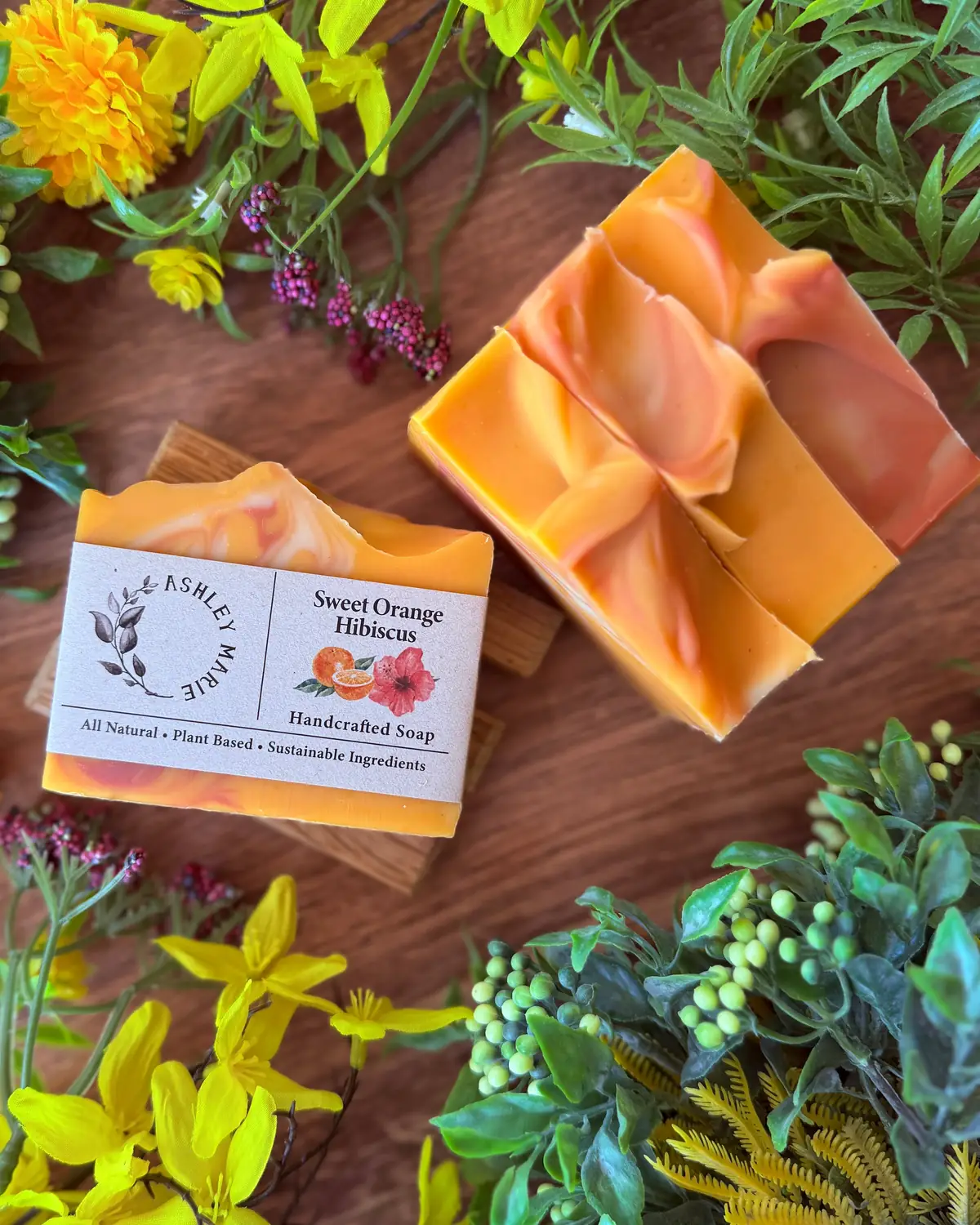 Sweet Orange Hibiscus Soap, cut bar showing the colour and swirl