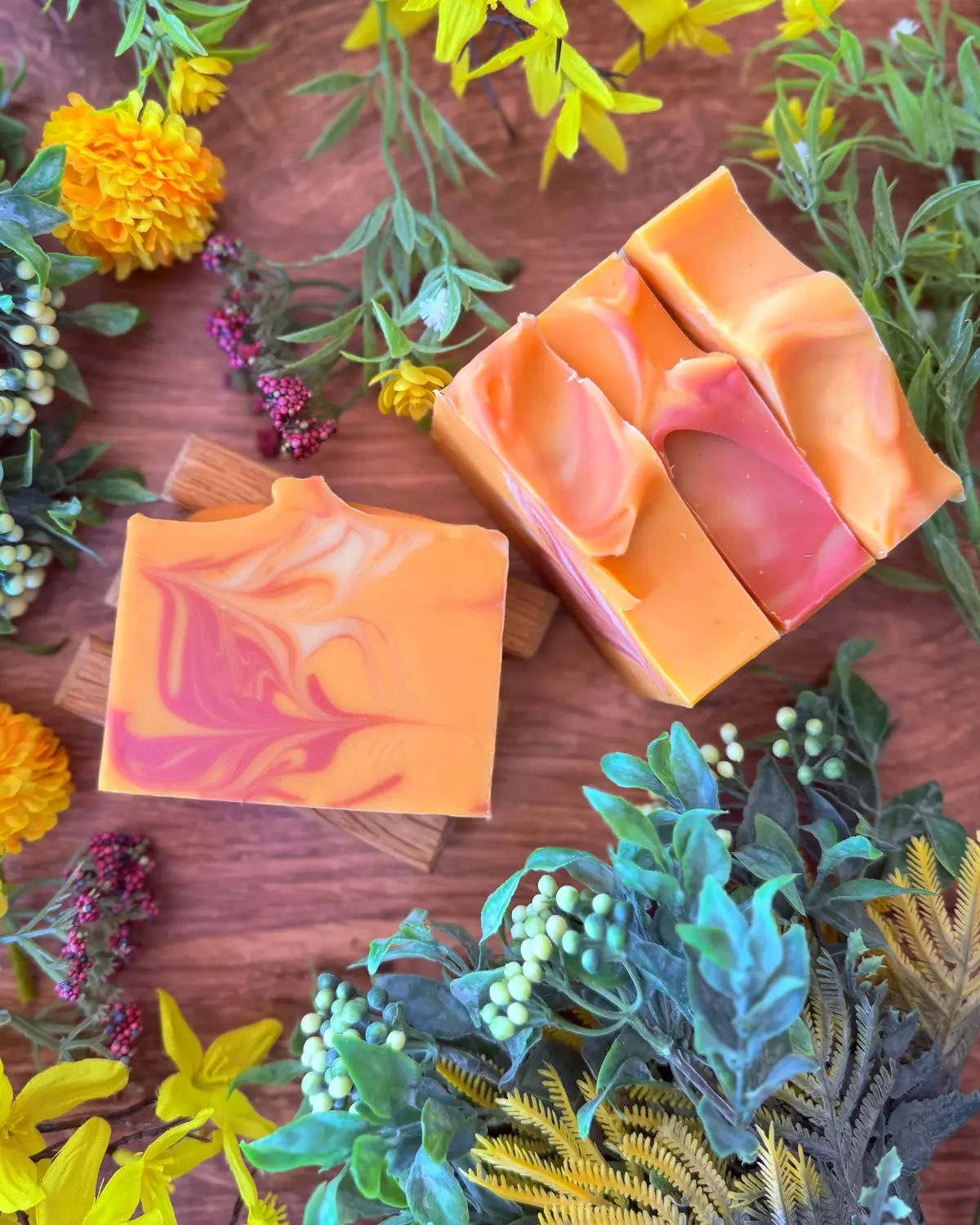 Sweet Orange Hibiscus Soap, close detail of the label and bar edge