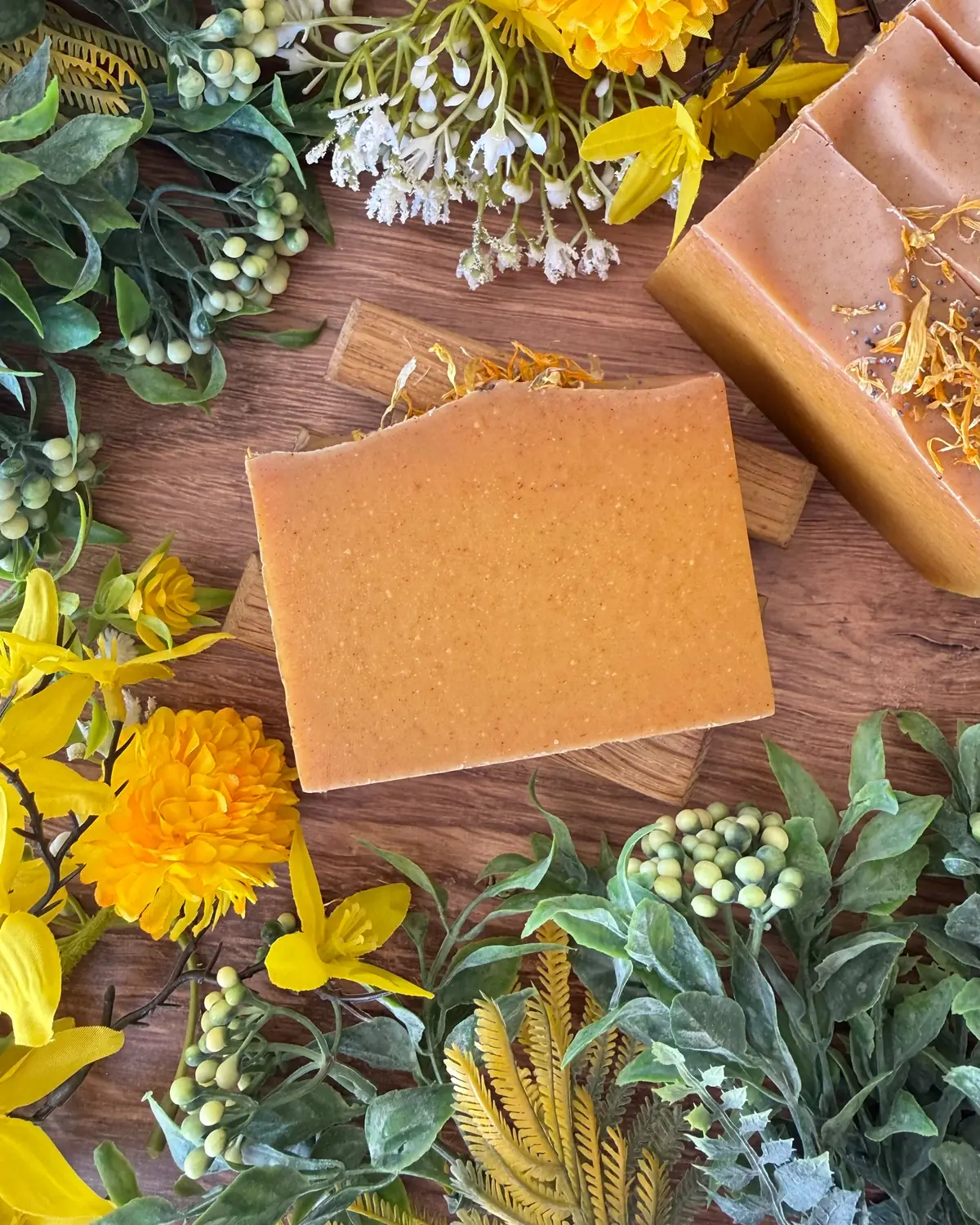 Tea Tree & Turmeric Soap, cut bar showing the colour and swirl