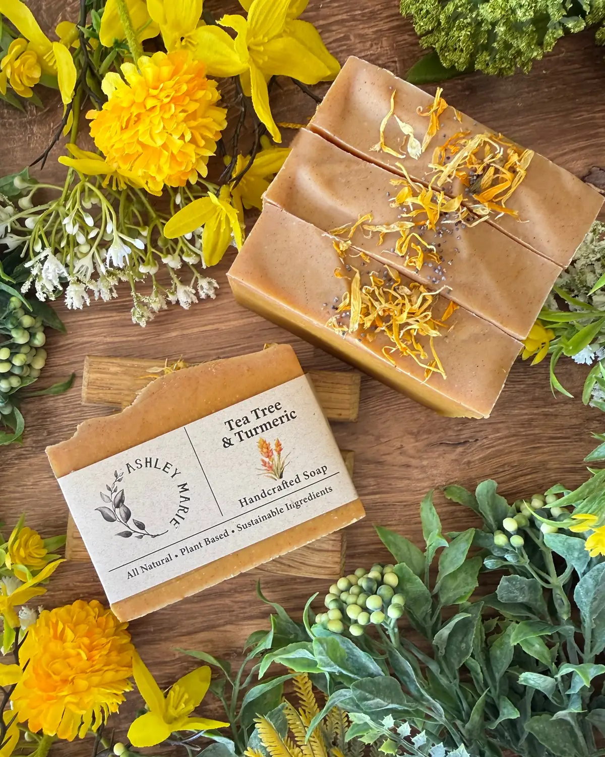 Tea Tree & Turmeric Soap, close detail of the label and bar edge