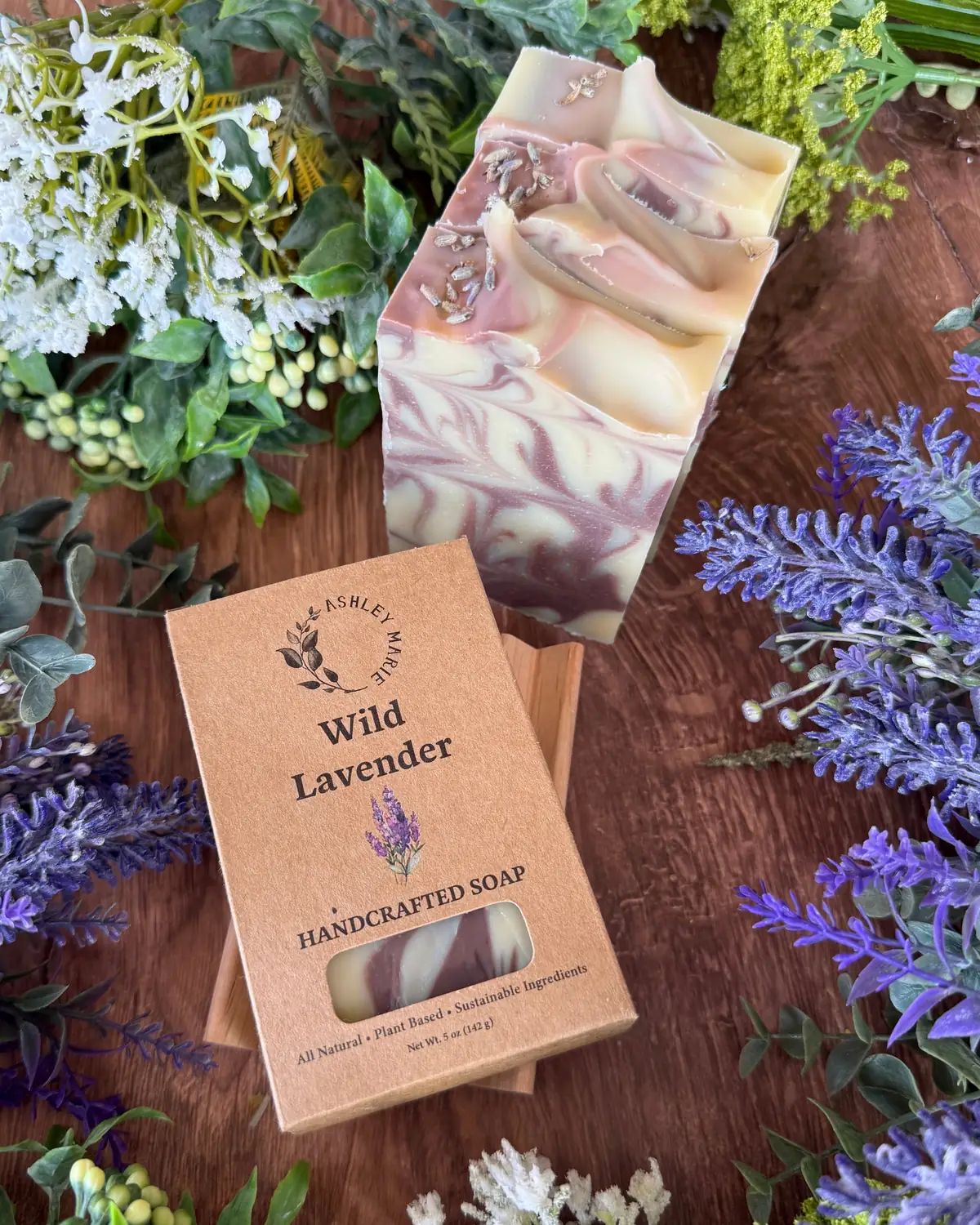 Wild Lavender — Boxed Soap photographed on wood with dried flowers